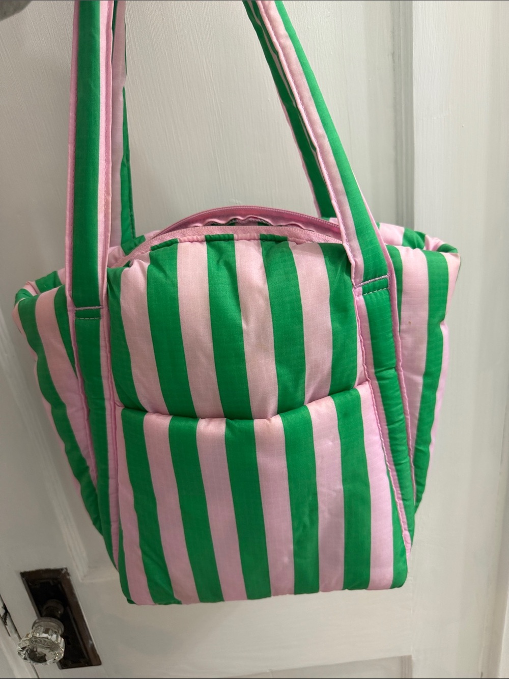 Baggu pink and green striped puffy mini tote